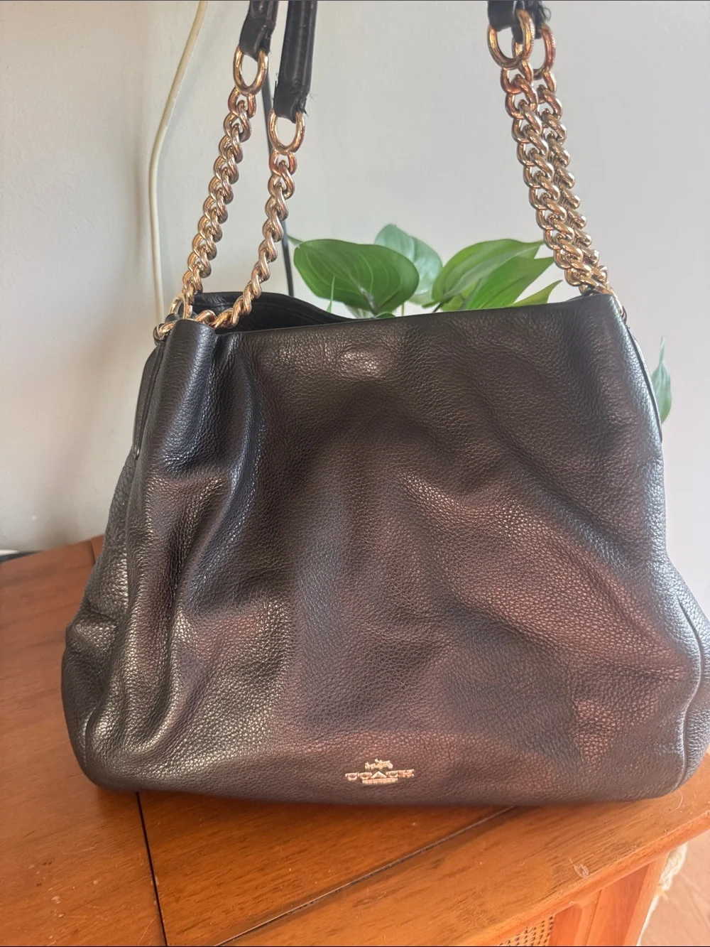 Coach Hallie Black Pebbled Leather Shoulder Bag with Gold Chain